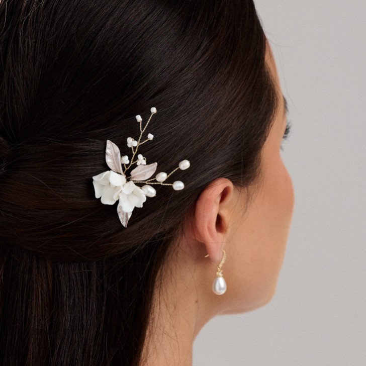 Tulippa Porcelain Flowers and Champagne Gold Leaves Hair Pin