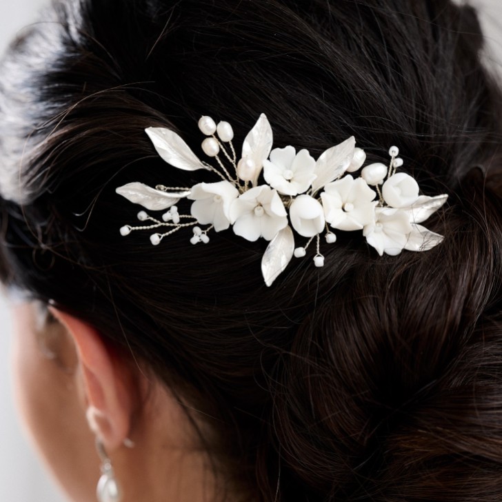Tulippa Porcelain Flowers and Silver Leaves Hair Comb