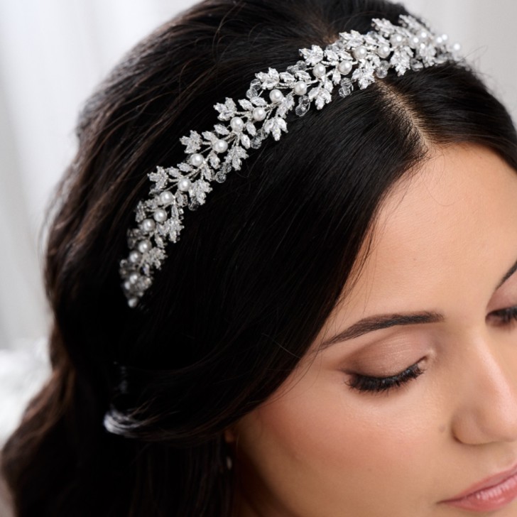 Tuscany Silver Crystal Leaves and Pearl Wedding Headband
