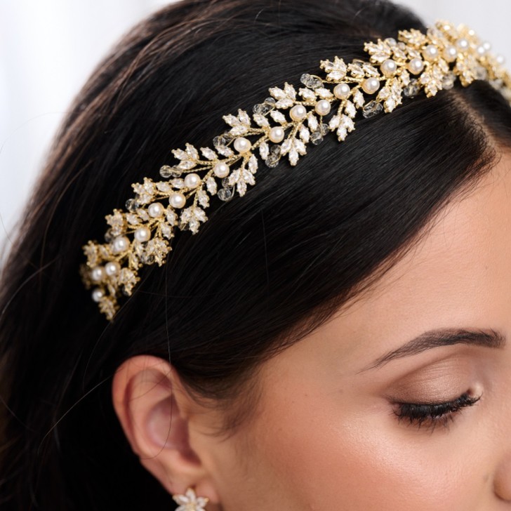 Tuscany Gold Crystal Leaves and Pearl Wedding Headband