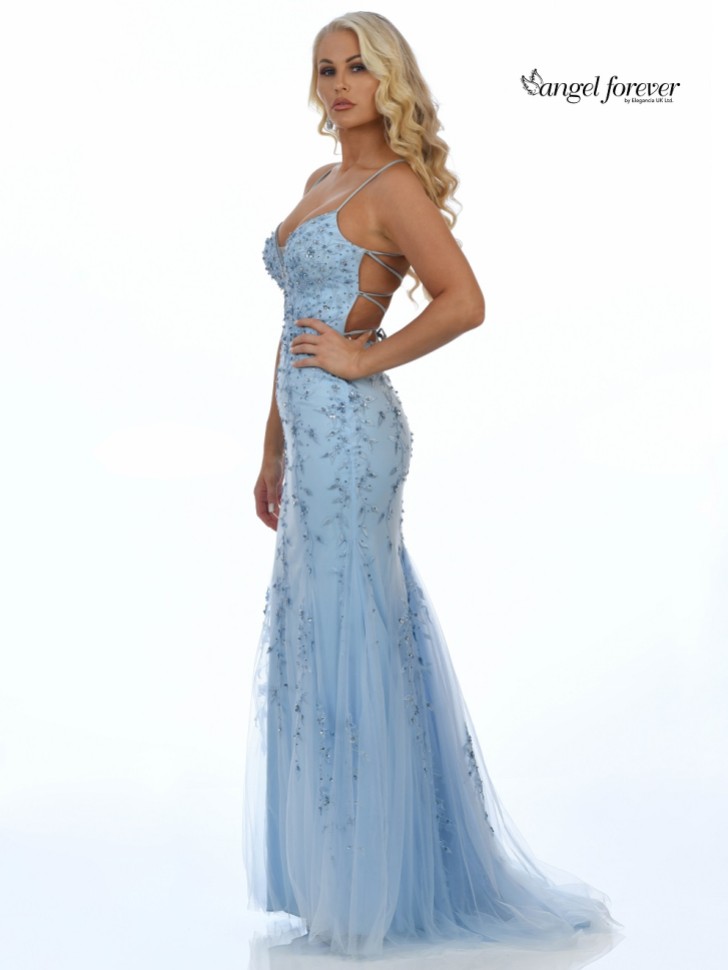 Angel Forever Beaded Lace Backless Fishtail Prom Dress (Ice Blue)
