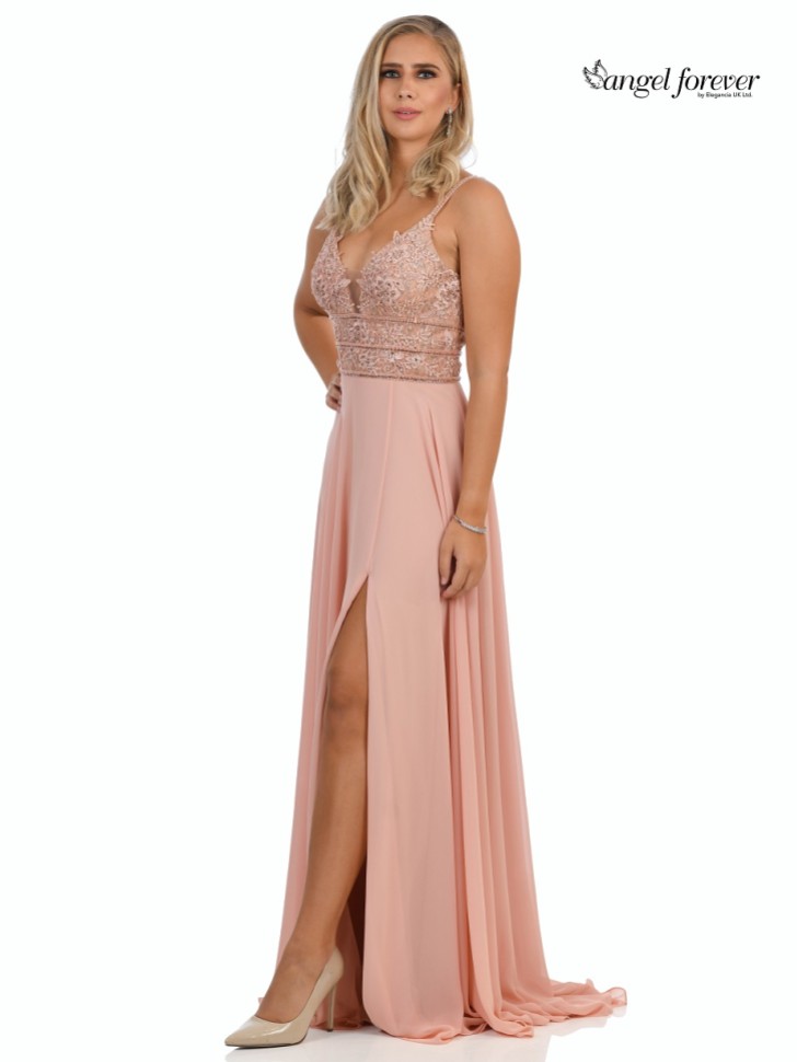 Angel Forever Beaded Lace A Line Chiffon Prom Dress with Slit (Rose Pink)