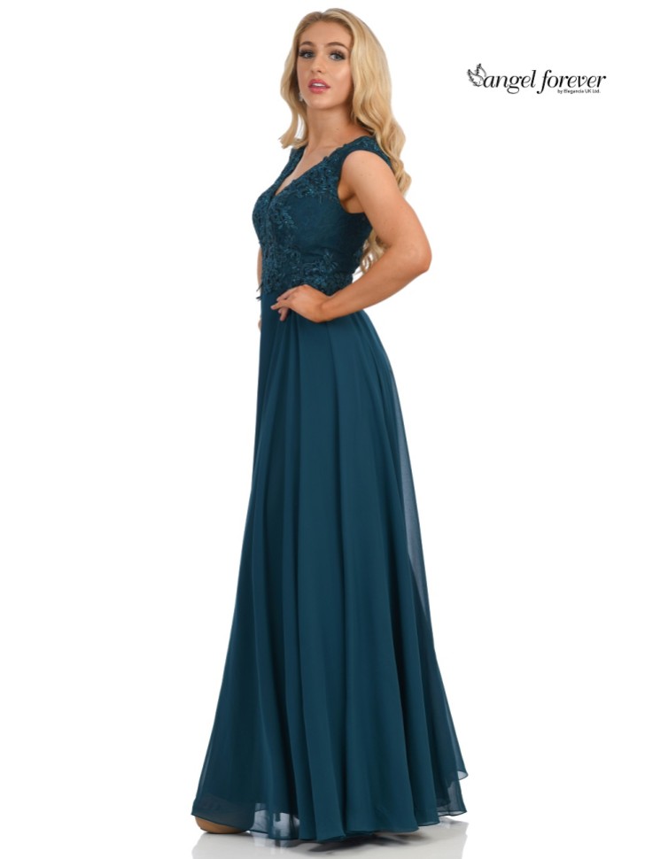Angel Forever V Neck A Line Chiffon Prom Dress with Lace Bodice (Teal)