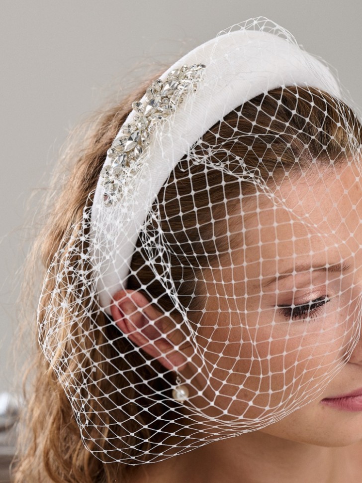 Arianna Ivory Crystal Embellished Headband with Birdcage Veil AR795