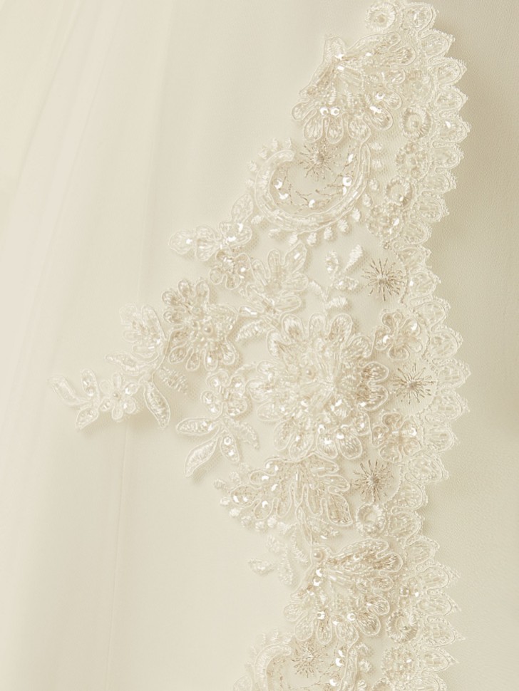Bianco Single Tier Cut Edge Cathedral Veil with Beaded Lace Train S236