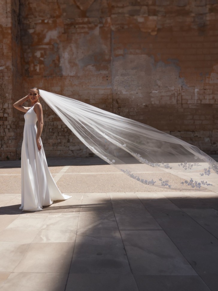 Bianco Ivory Single Tier Cathedral Veil with Lace Appliques S519