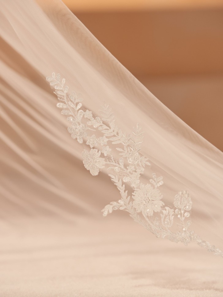 Bianco Ivory Single Tier Cut Edge Cathedral Veil with Lace Train S456