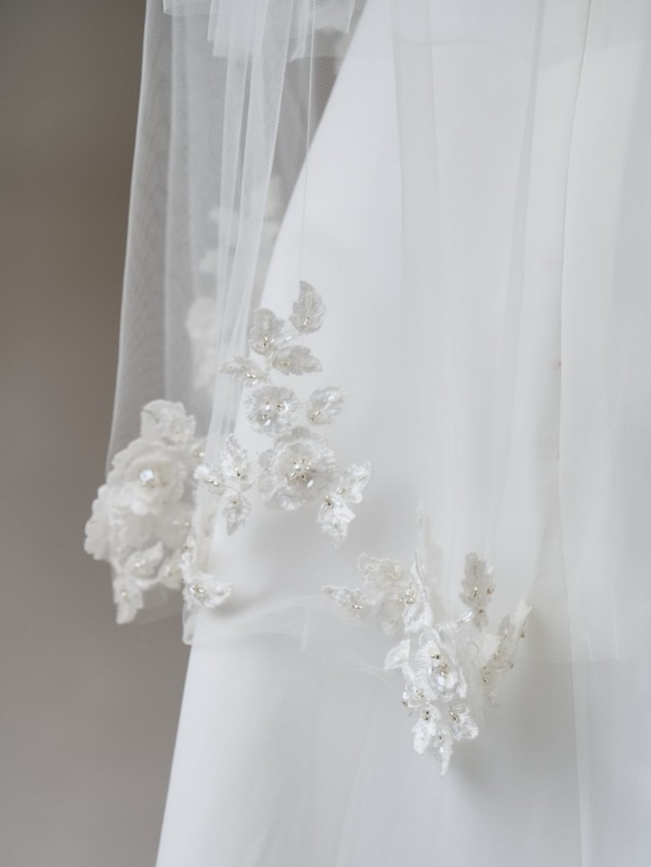 Bloomington Ivory Two Tier Cut Edge Veil with Floral Motifs