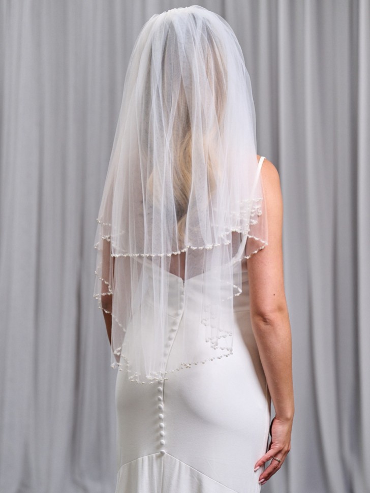 Charleston Ivory Two Tier Bead, Diamante and Pearl Edge Elbow Length Veil