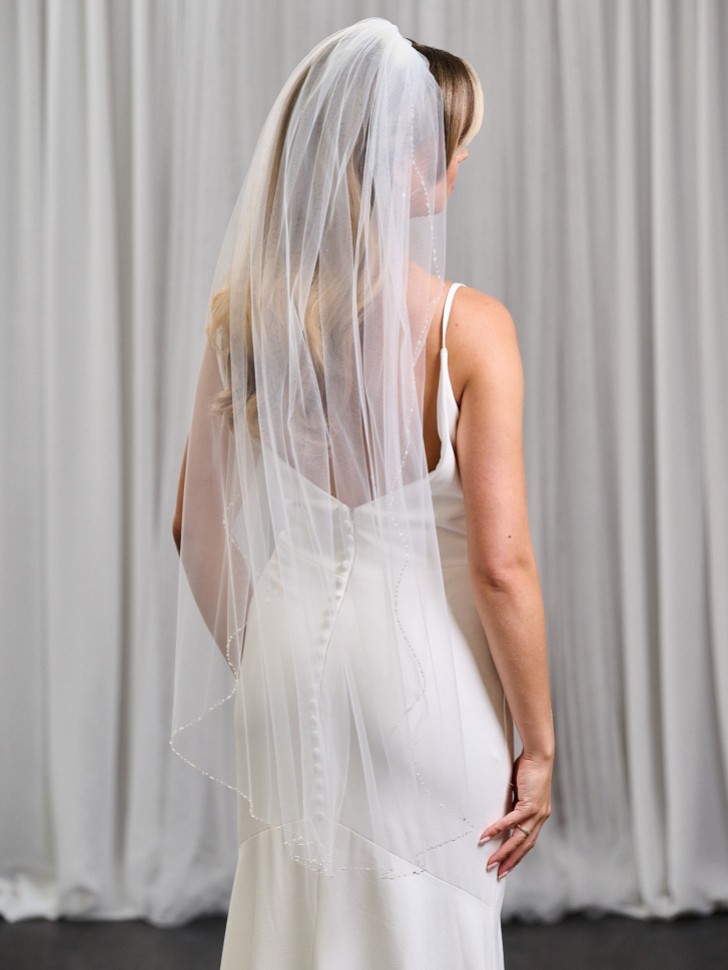 Fairmont Ivory Single Tier Fingertip Veil with Pearl and Beaded Edge