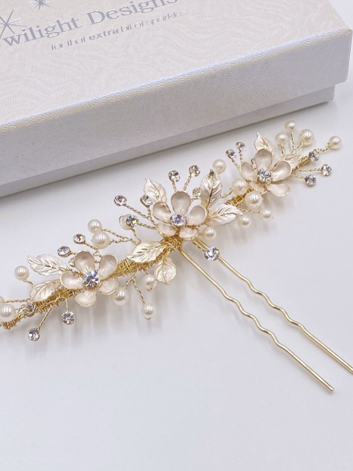 Jen Gold Flowers and Leaves Hair Pin