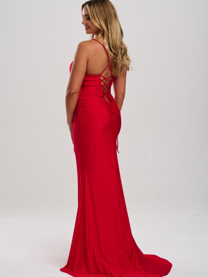 Linzi Jay Cowl Neck Ruched Corset Prom Dress with Slit