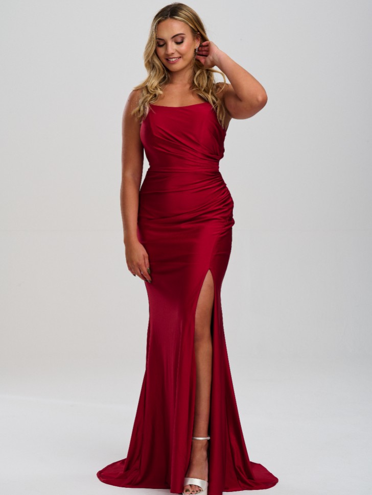 Linzi Jay Crossover Back Ruched Stretch Satin Prom Dress with Slit