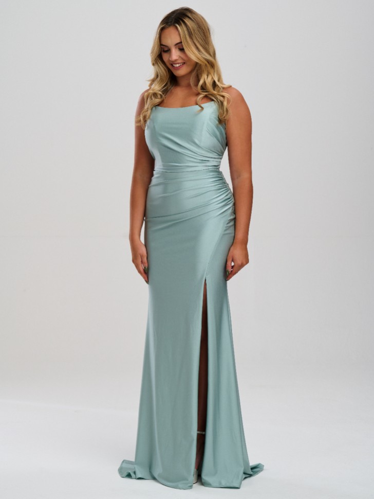 Linzi Jay Crossover Back Ruched Stretch Satin Prom Dress with Slit