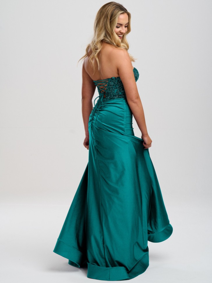 Linzi Jay Teal Strapless Beaded Corset Prom Dress with Slit