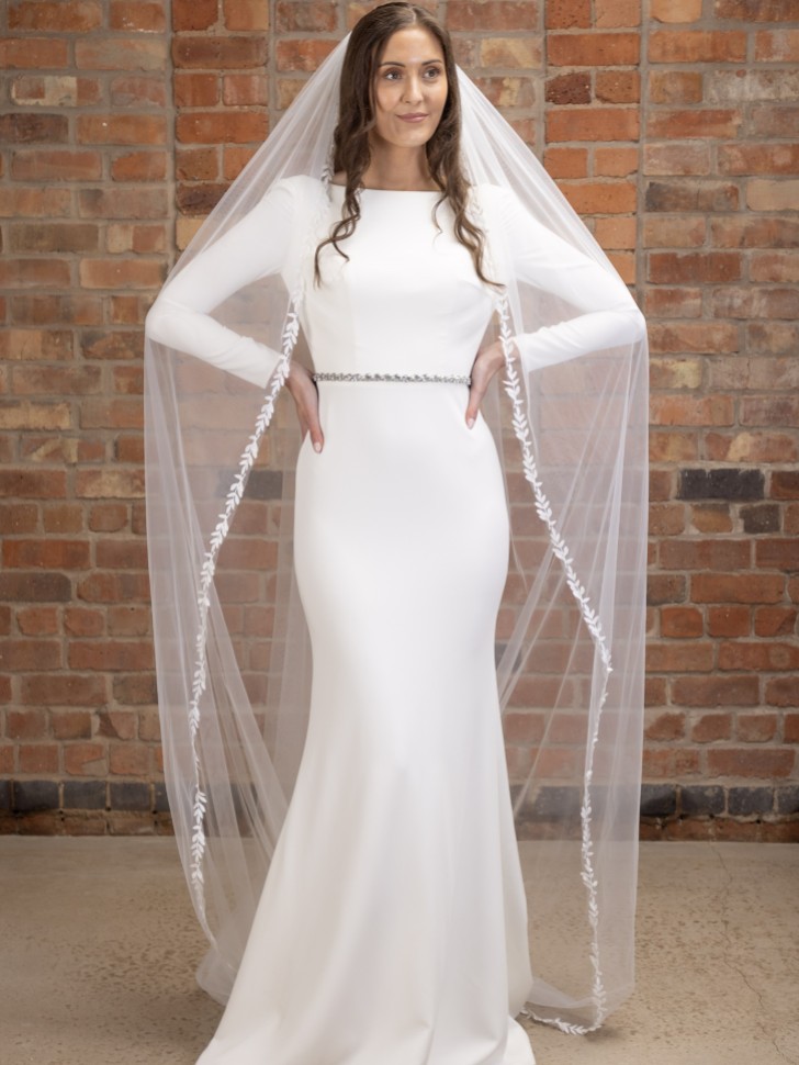 Perfect Bridal Ivory Single Tier Cathedral Veil with Lace Leaf Embroidery