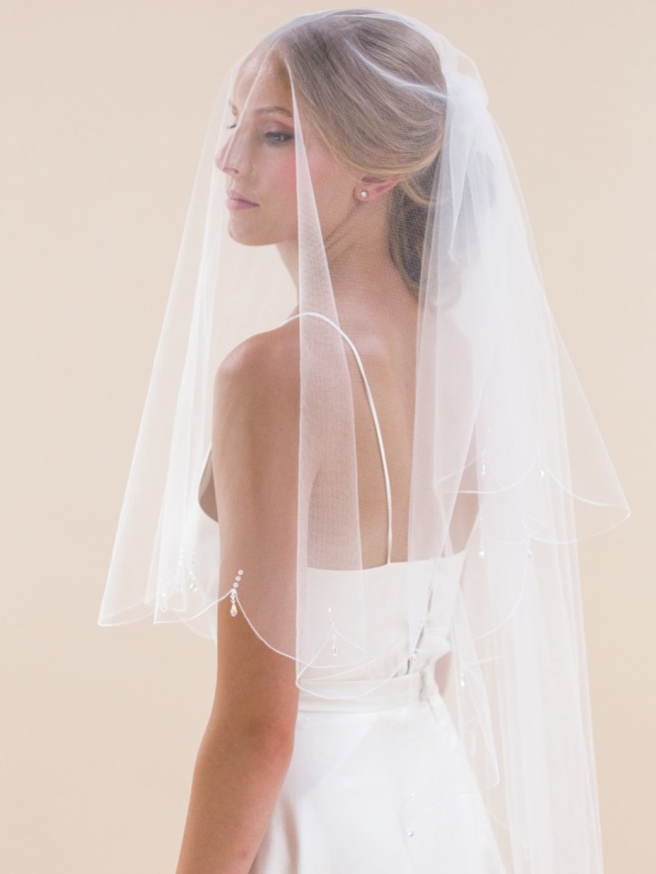 Rainbow Club Firefly Ivory Scalloped Edge Veil with Crystal Drops