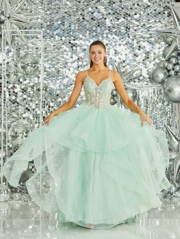 Tiffanys Skye Pale Green Sparkly Ruffle Prom Dress with Floral Bodice