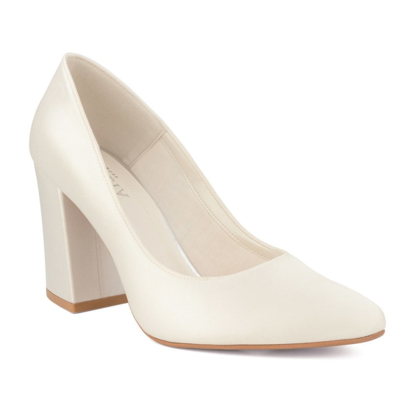 Avalia Astra Ivory Satin Pointed Block Heel Court Shoes