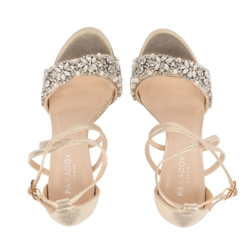 Paradox London Hira Champagne Shimmer Embellished Block Heel Sandals