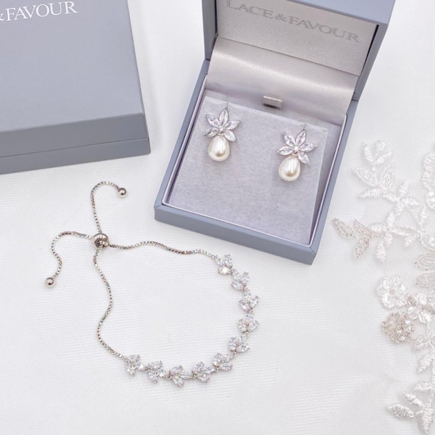Sahara Silver Crystal Leaves and Teardrop Pearl Earrings