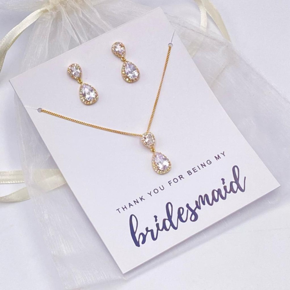 Photograph of 'Thank You For Being My Bridesmaid' Gold Teardrop Crystal Jewellery Set