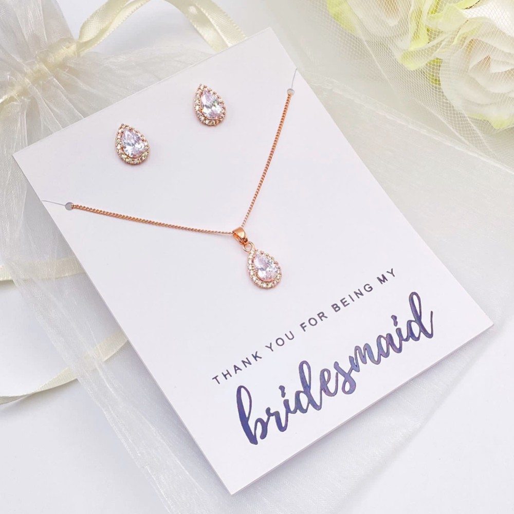 Photograph: 'Thank You For Being My Bridesmaid' Rose Gold Crystal Stud Jewellery Set