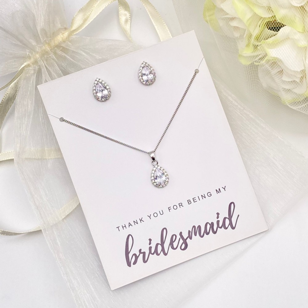 Photograph of 'Thank You For Being My Bridesmaid' Silver Crystal Stud Jewellery Set