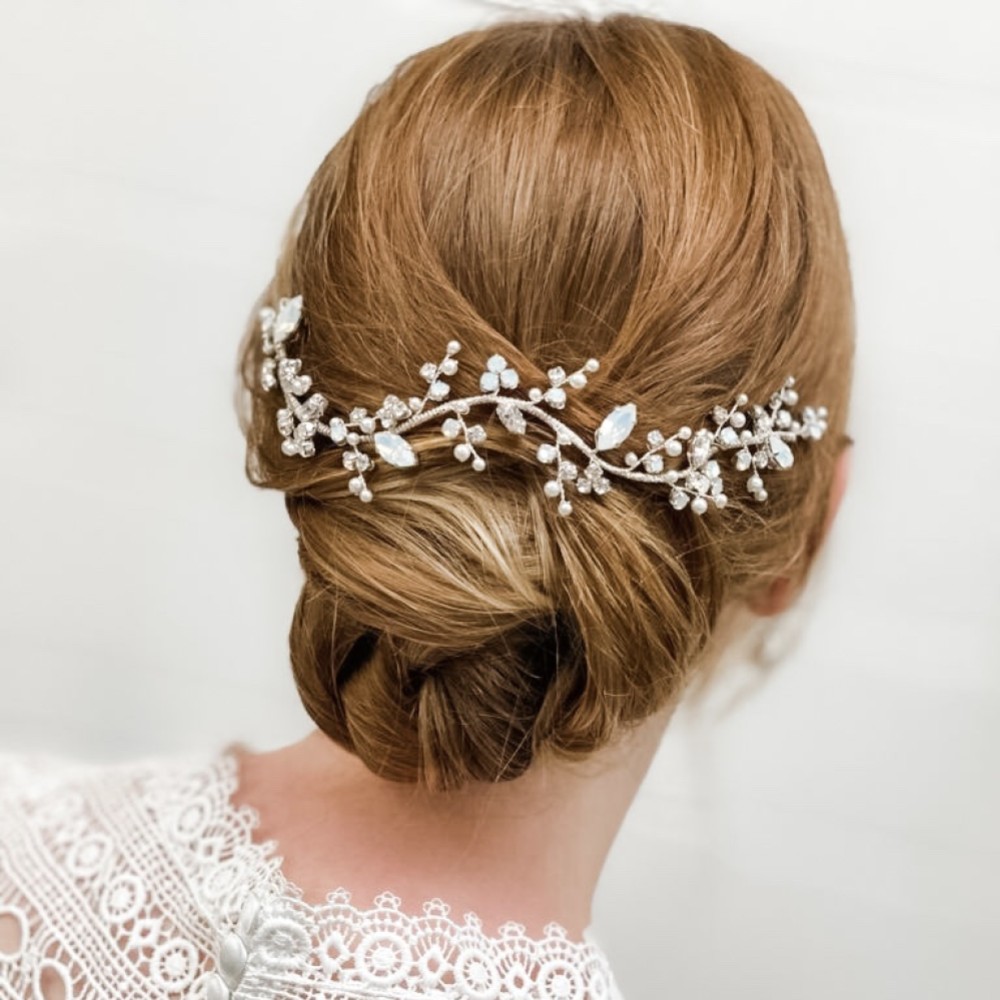 Photograph of Adeline Opal Crystal and Pearl Wedding Hair Vine