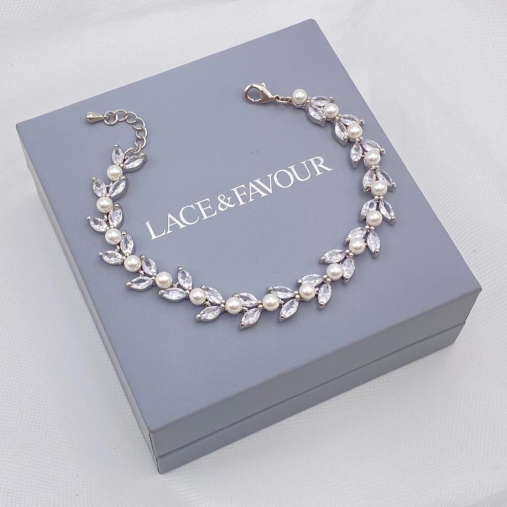 Photograph of Amalia Silver Cubic Zirconia and Pearl Wedding Bracelet