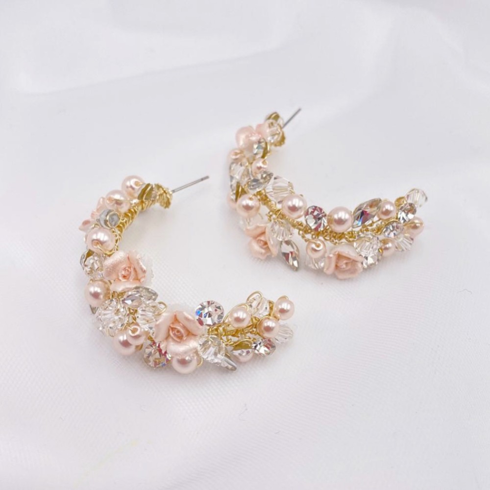 Photograph of Amelia Blush Porcelain Flower Gold Hoop Earrings