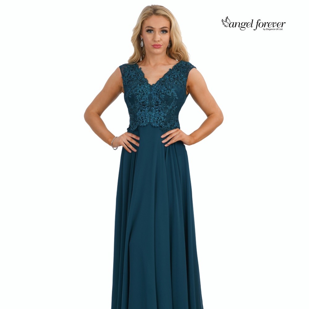 Photograph of Angel Forever V Neck A Line Chiffon Prom Dress with Lace Bodice (Teal)