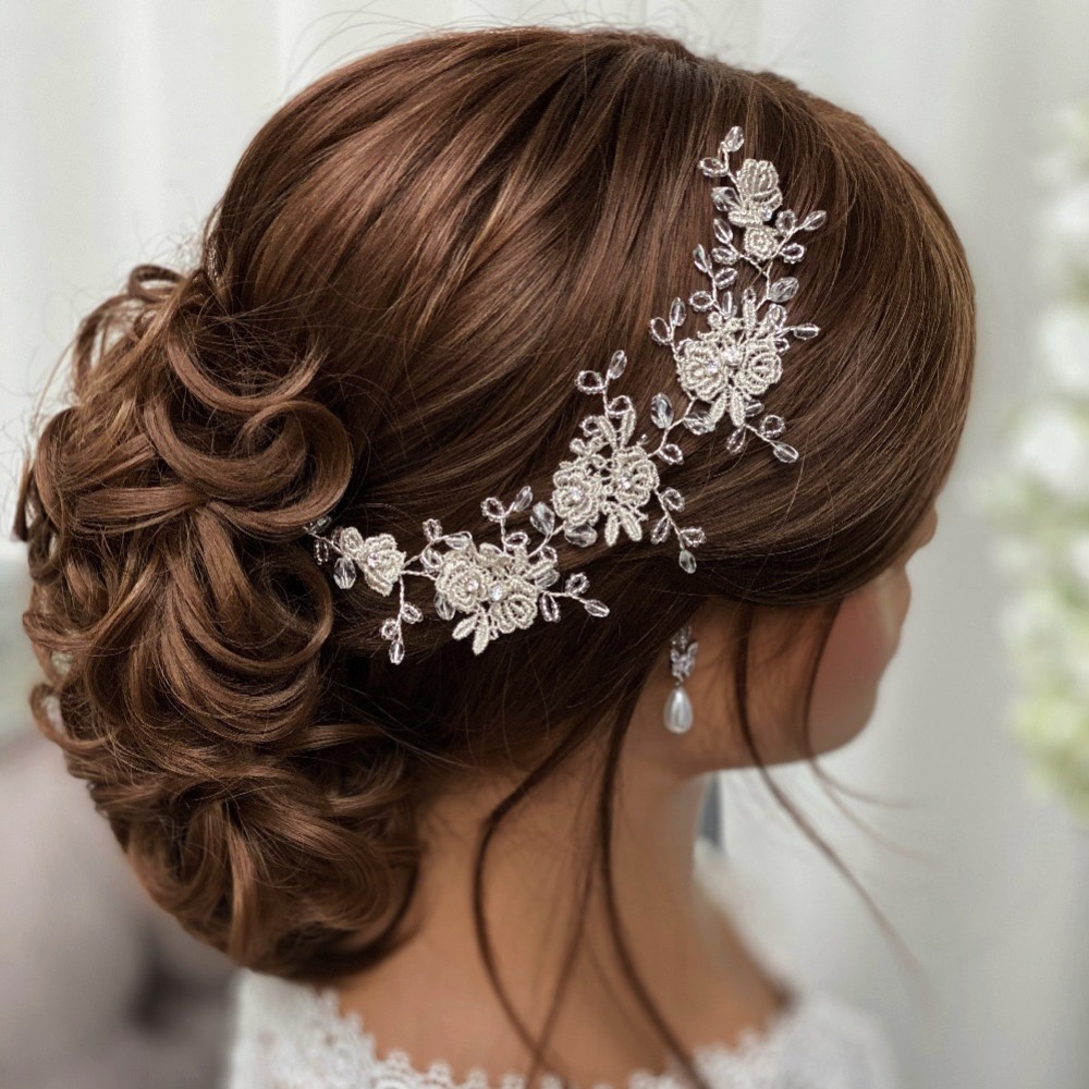 Antheia Silver Lace Flowers and Crystal Hair Vine