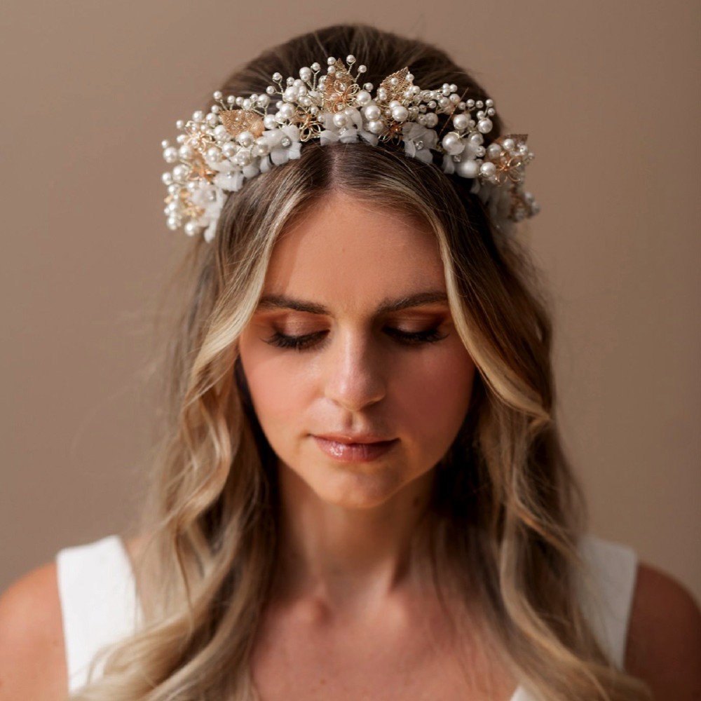 Photograph of Arianna Divine Gold Leaves and Pearl Statement Floral Tiara AR738
