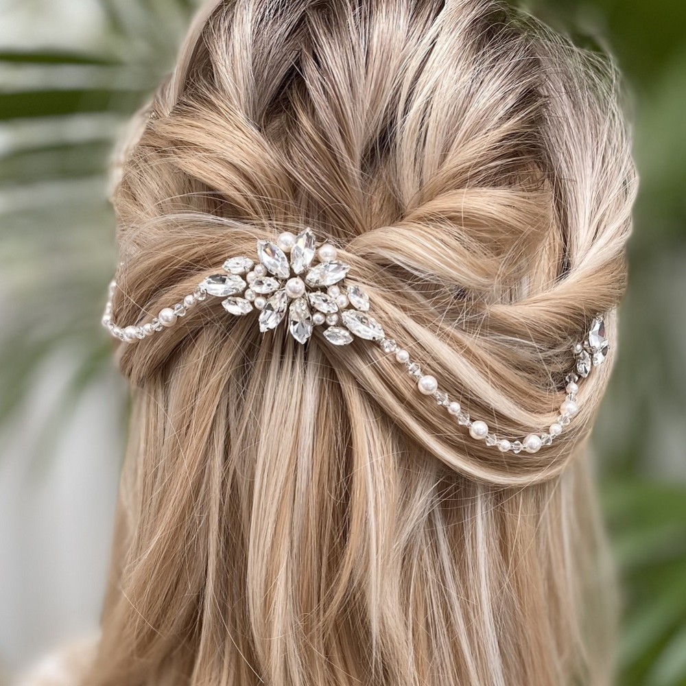 Photograph of Arianna Elegant Pearl and Crystal Bridal Hair Drape AR520