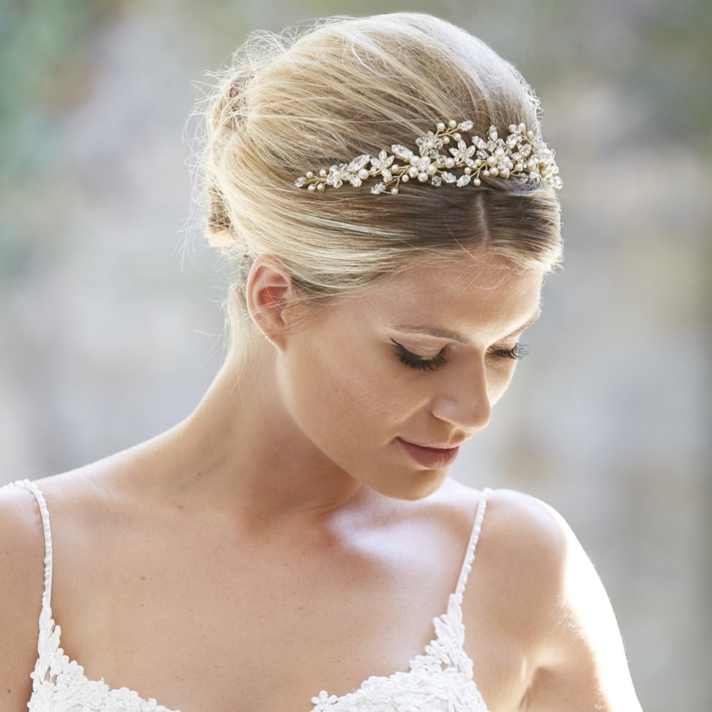 Photograph of Arianna Evangeline Pearl Blossoms and Crystal Bridal Tiara AR569