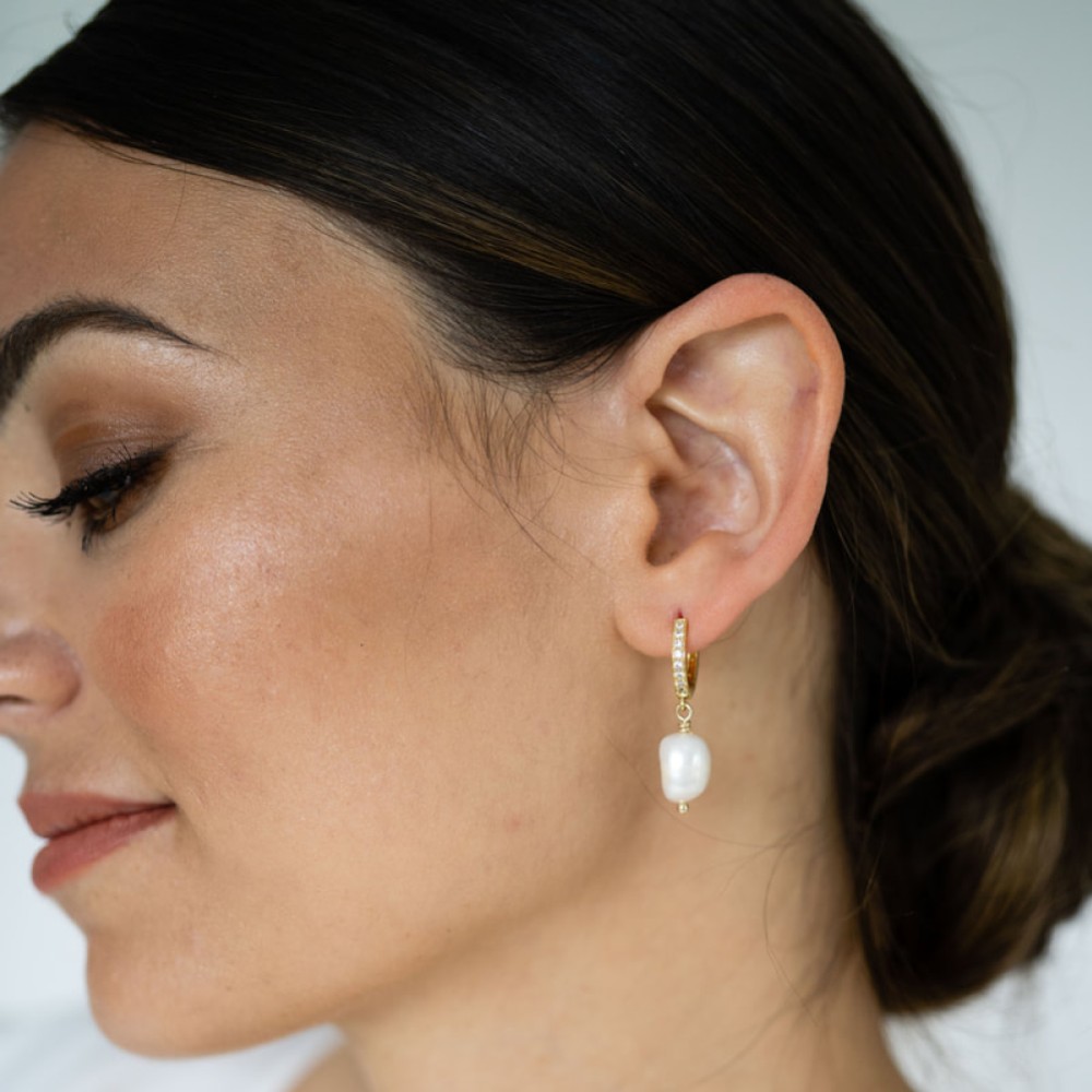 Photograph of Arianna Gold Diamante Hoop with Drop Pearl Earrings ARE688