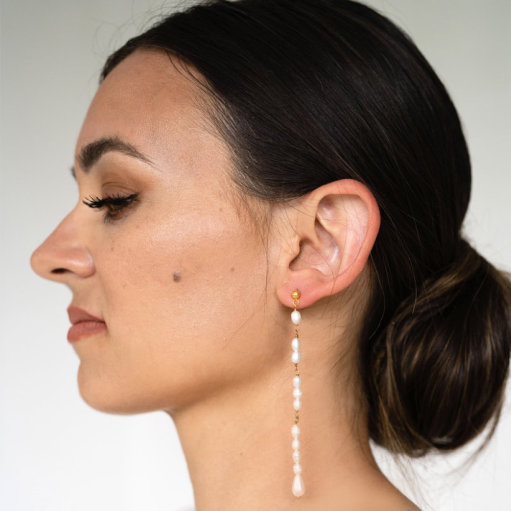 Photograph: Arianna Linear Long Pearl Drop Earrings ARE694