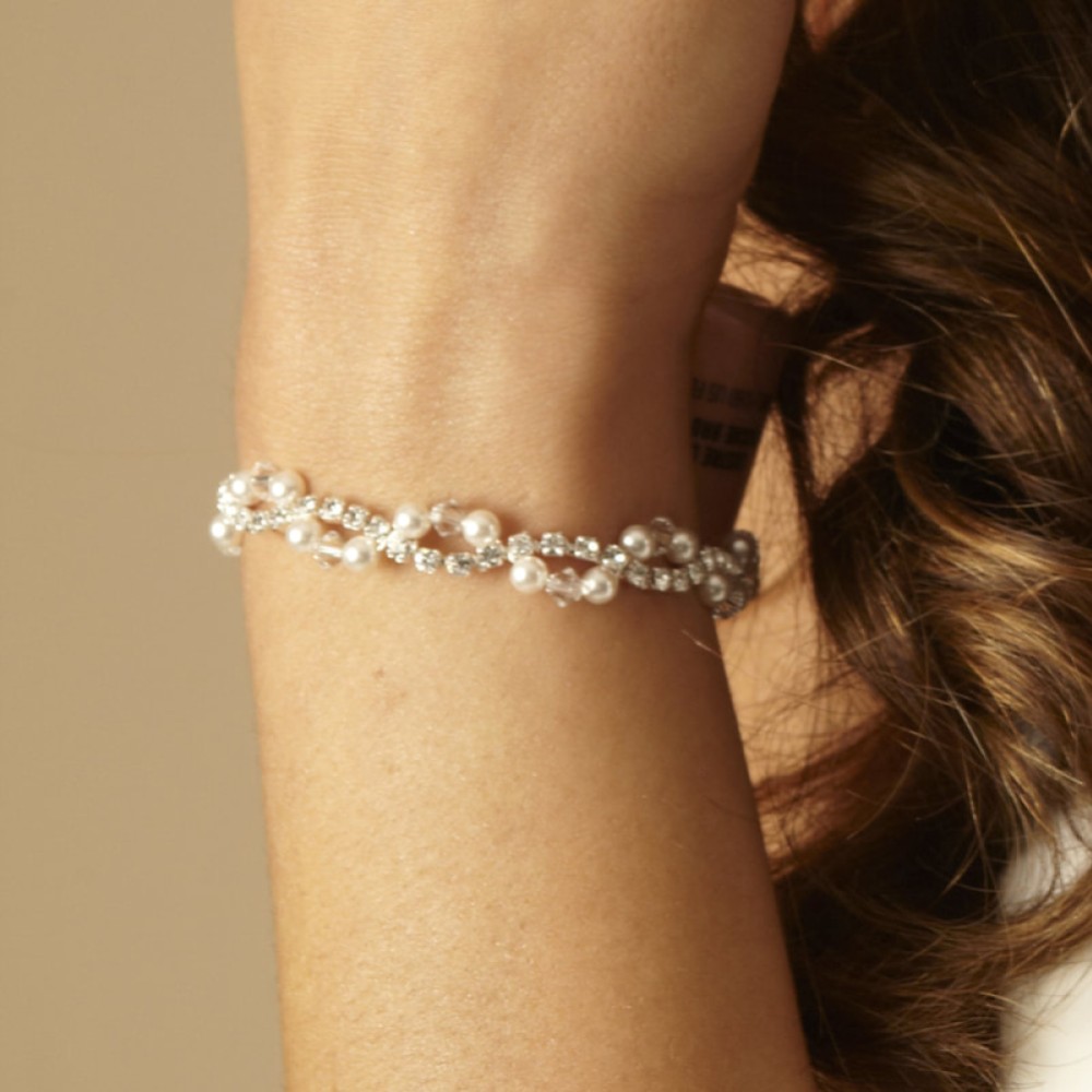 Photograph of Arianna Pearl and Diamante Wedding Bracelet ARW093