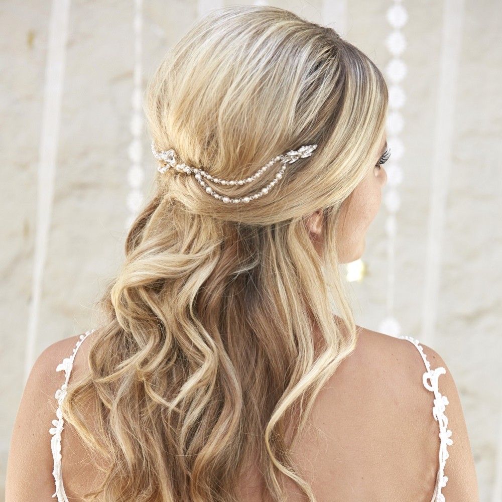 Photograph of Arianna Seraphina Elegant Pearl and Crystal Bridal Hair Drape AR577