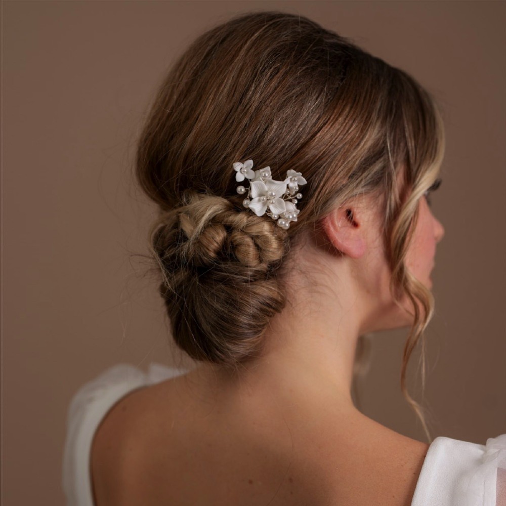 Photograph of Arianna Stellar Mini Porcelain Flowers and Pearl Hair Comb AR734