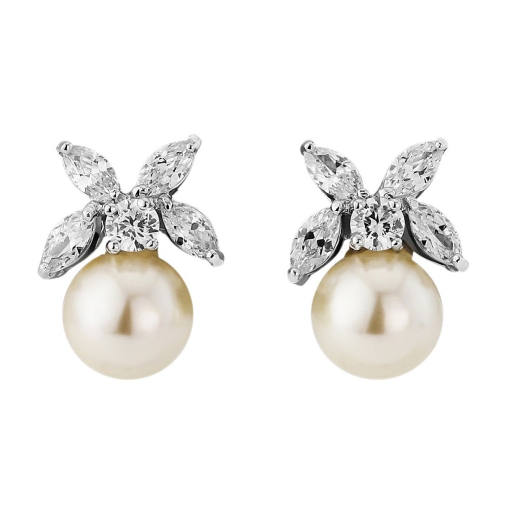 Photograph: Ava Crystal Leaves and Pearl Wedding Earrings