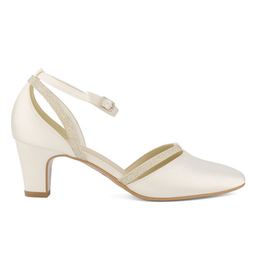 Photograph of Avalia Luna Ivory Satin and Silver Glitter Ankle Strap Court Shoes