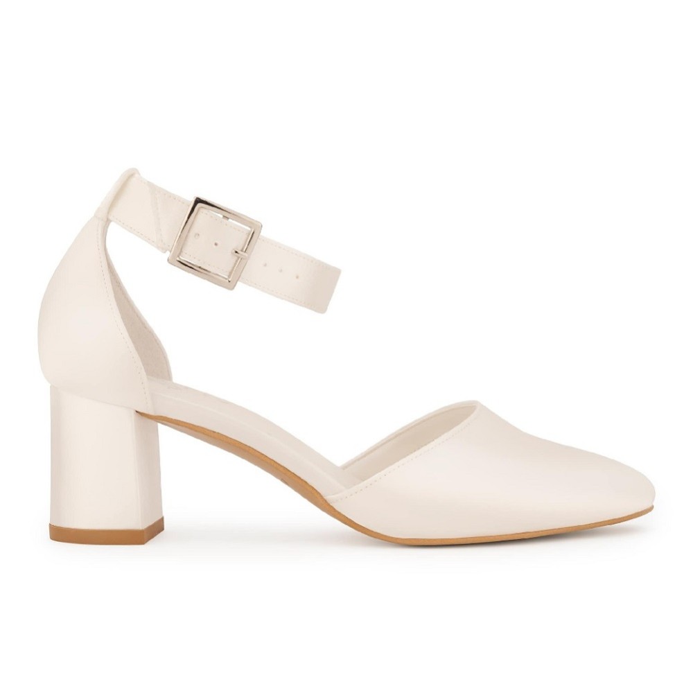 Photograph of Avalia Vera Ivory Satin Wide Ankle Strap Block Heel Shoes
