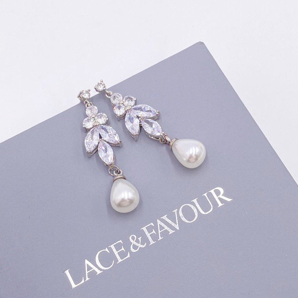 Photograph of Barcelona Silver Crystal and Pearl Drop Earrings 