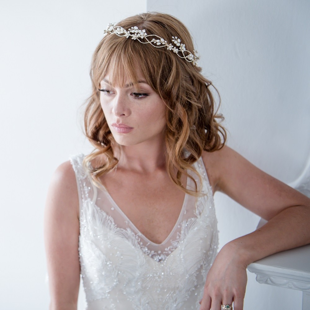 Photograph of Bianca Golden Flowers and Freshwater Pearl Halo Headpiece