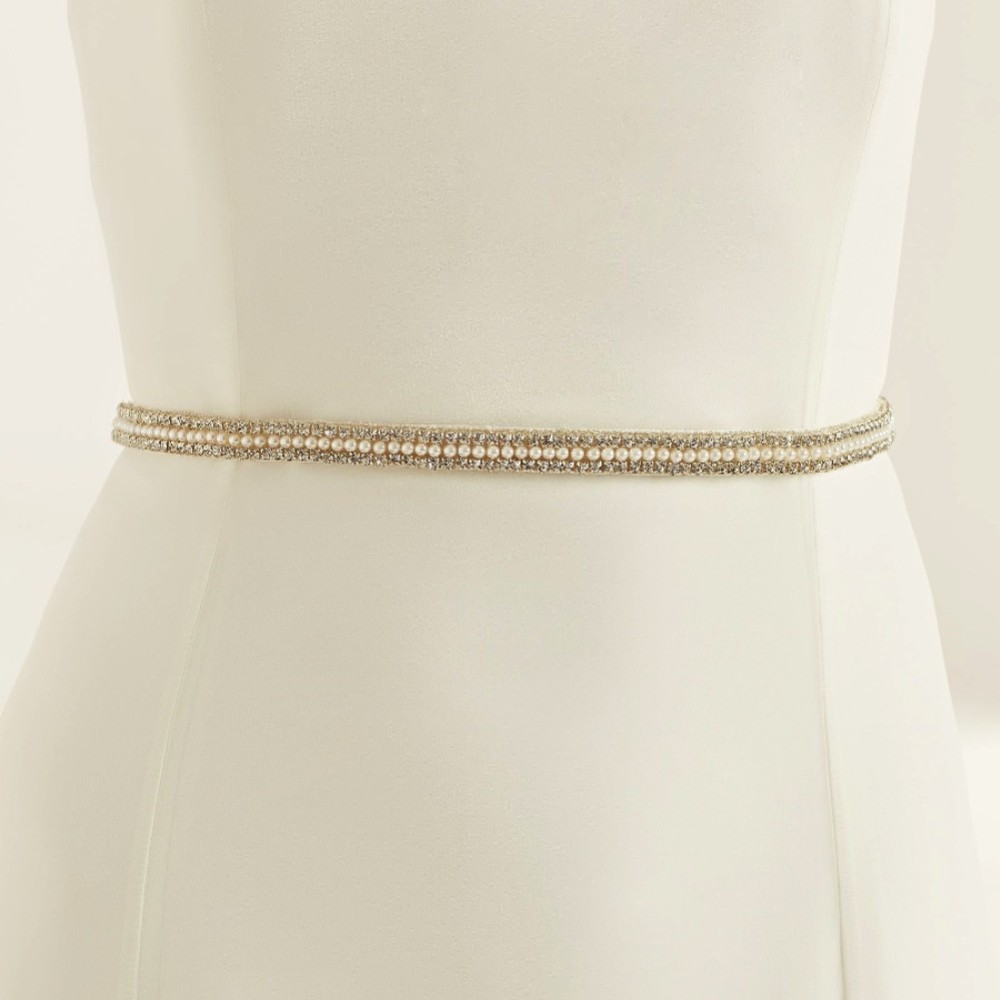 Photograph of Bianco Narrow Pearl and Diamante Satin Bridal Belt