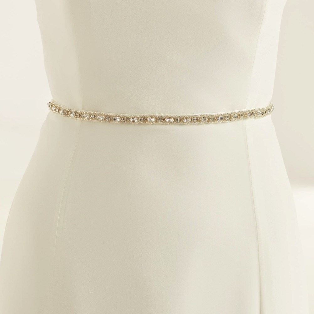 Photograph of Bianco Thin Crystal Embellished Satin Bridal Dress Belt