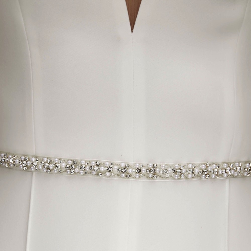Photograph of Bianco Thin Pearl and Crystal Organza Wedding Dress Belt