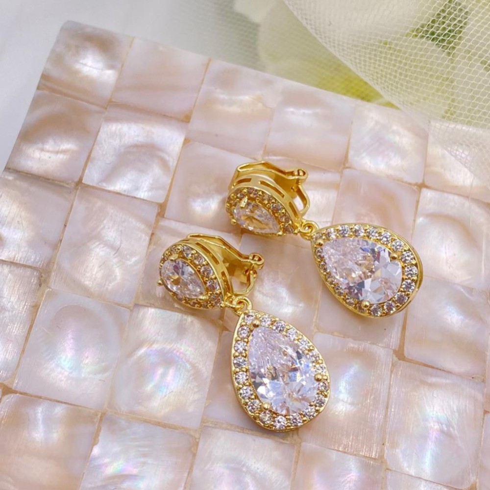 Celeste Clip On Gold Crystal Embellished Wedding Earrings